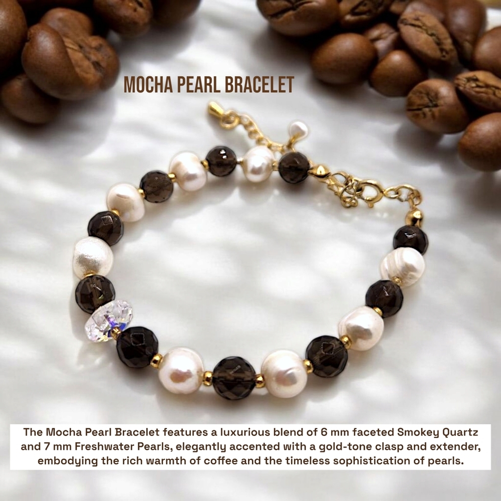 6 mm Faceted Smokey Quartz And Freshwater Oearl Slide Ckasp Bracelet